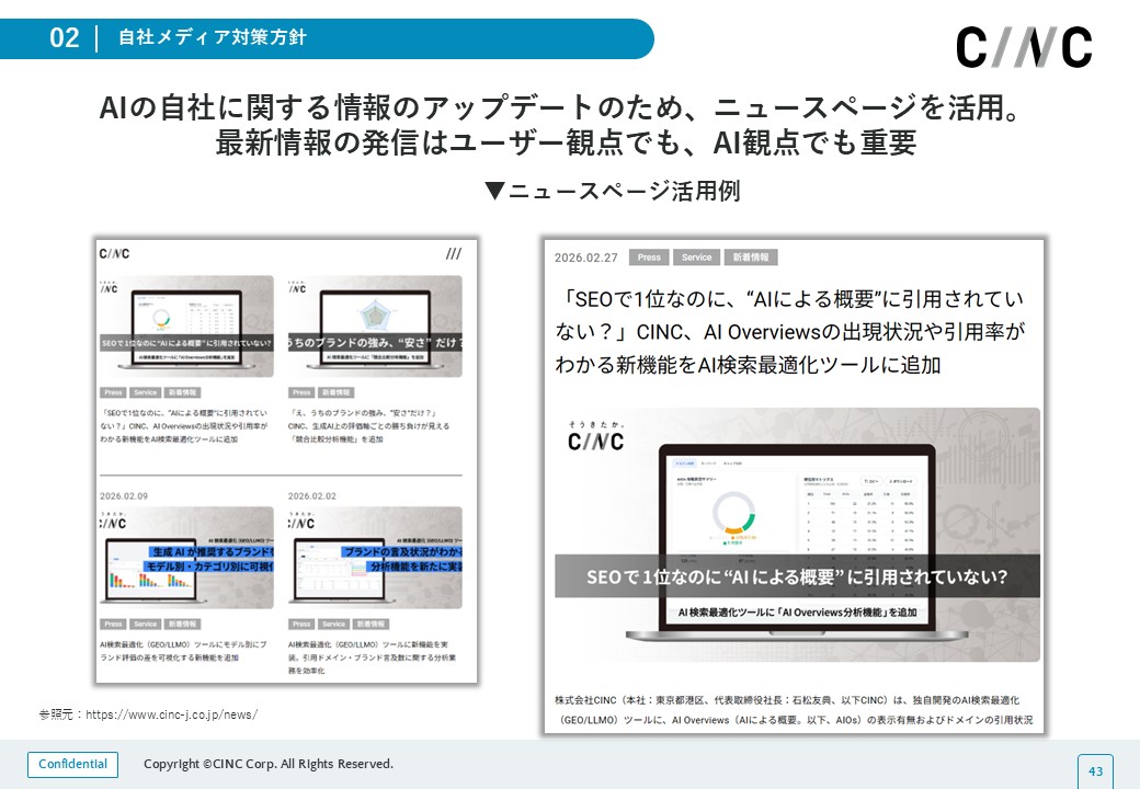 CINCのニュースページ活用例が掲載されている図。CINCではAI検索最適化(GEO/LLMO)ツールに関するニュースリリースを定期的に発信していたことがわかる。