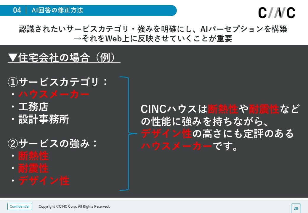 AIパーセプションの考え方の例。「CINCハウス」という架空のハウスメーカーが、断熱性・耐震性・デザイン性に強みを持っている場合、「CINCハウスは断熱性や耐震性などの性能に強みを持ちながら、デザイン性の高さにも定評のあるハウスメーカーです」などの説明文が考えられ、それをWeb上に反映していくこととなる。