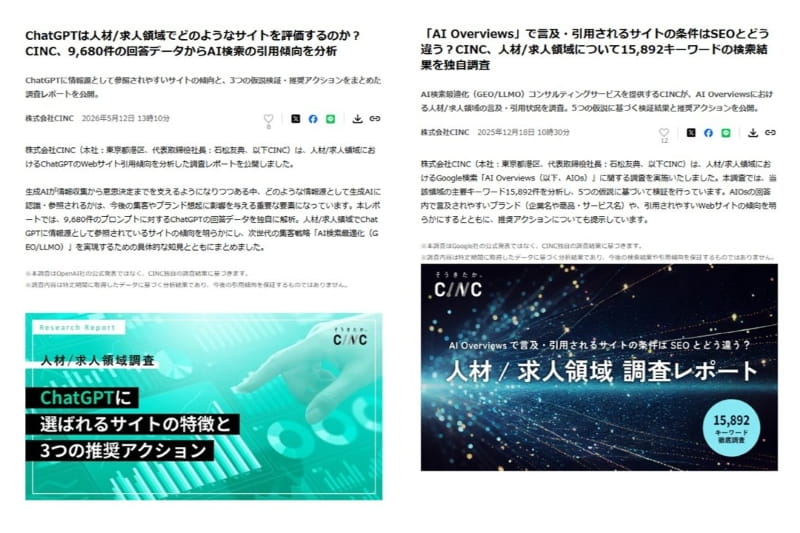 CINCが配信した調査レポートのプレスリリースの例。人材/求人領域のAI Overviews、ChatGPTに関するデータ調査をレポートとしてまとめている。